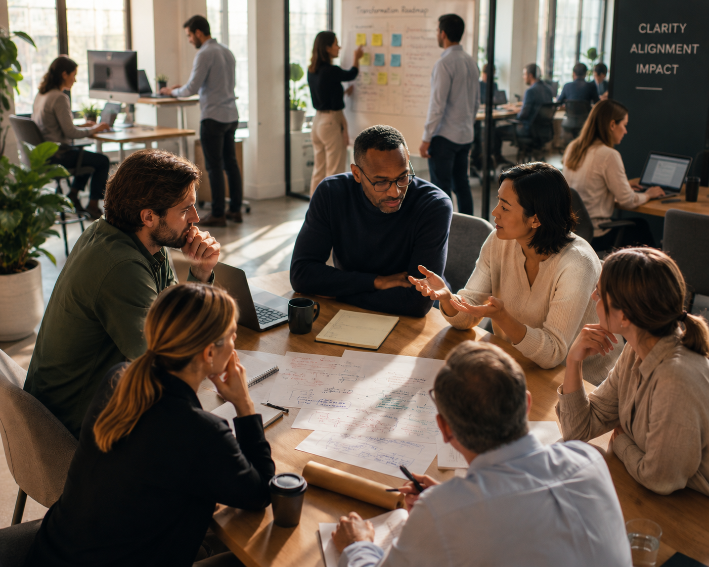 Executive leadership team in conversation around a boardroom table